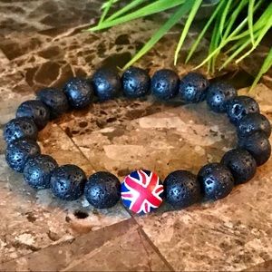 New Men’s Trendy Lava Stone Bead with Union Jack Bead Bracelet